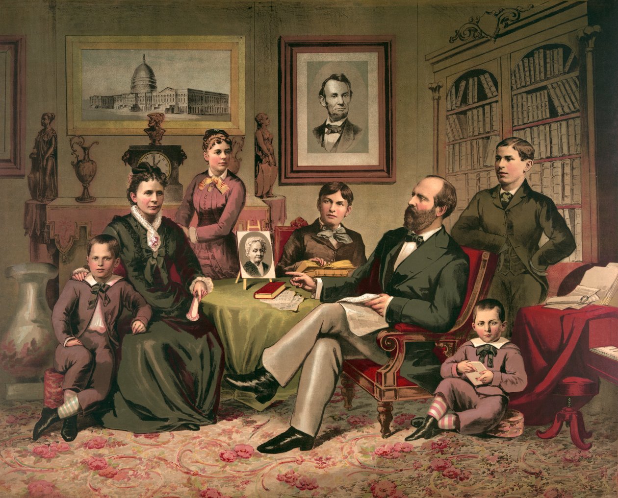 President Garfield og familie, pub. 1882 av American School