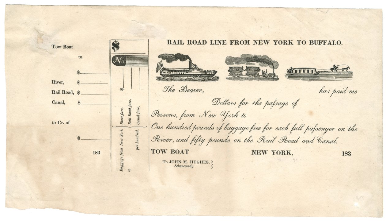 Jernbanelinje fra New York til Buffalo [Tow Boat Ticket], 1830-tallet (tregravering [billett]) av American School