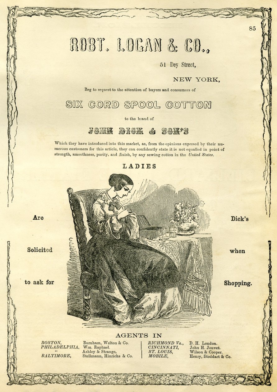 Robt. Logan & Co., 51 Dey Street, New York - Be om å be om oppmerksomhet fra kjøpere og forbrukere av Six Cord Spool Cotton til merket til John Dick & Sons (tregravering) av American School