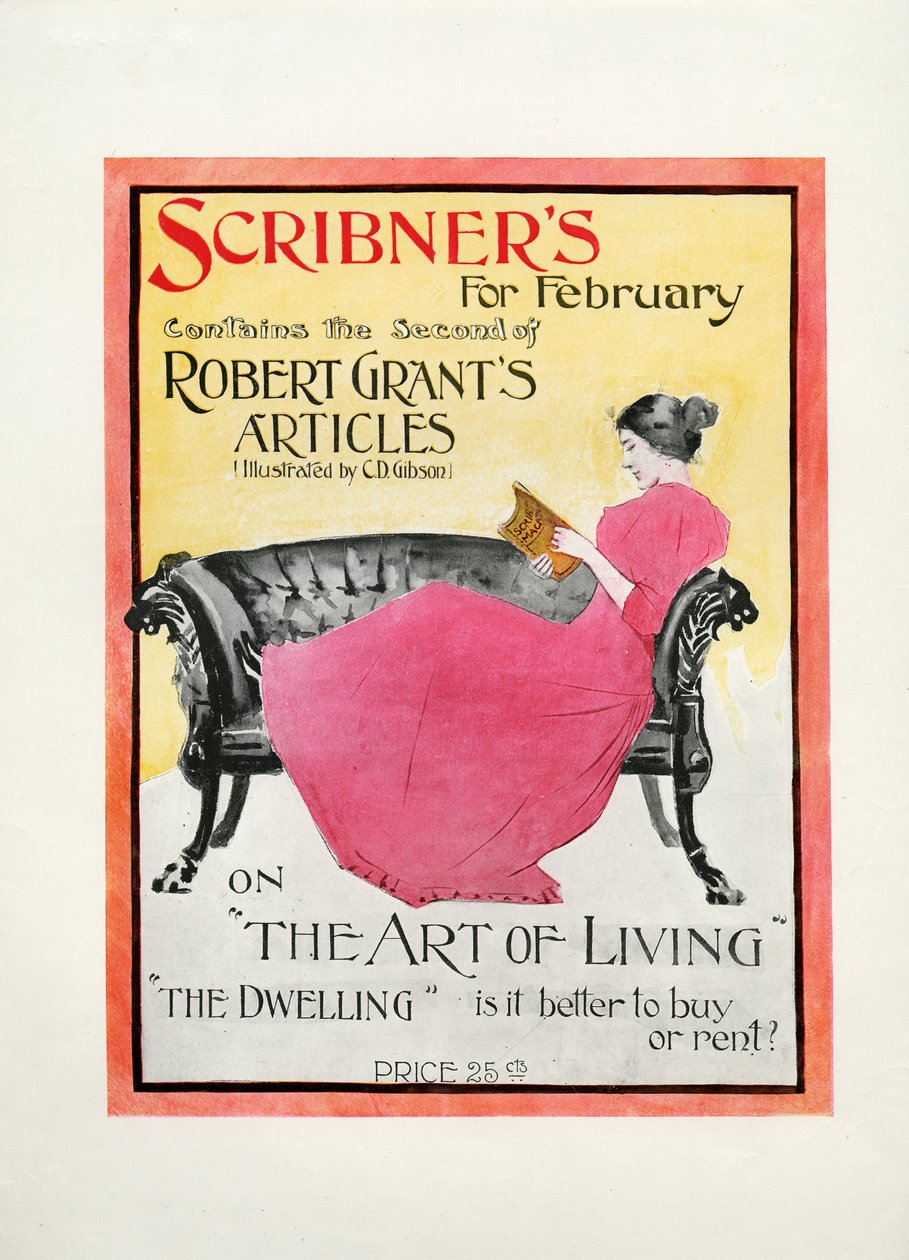 Scribners for februar 1895, inneholder den andre av Robert Grants-artikler illustrert av C.D. Gibson om The Art of Living, The Dwelling: er det bedre å kjøpe eller leie?, 1895 (trykk) av American School