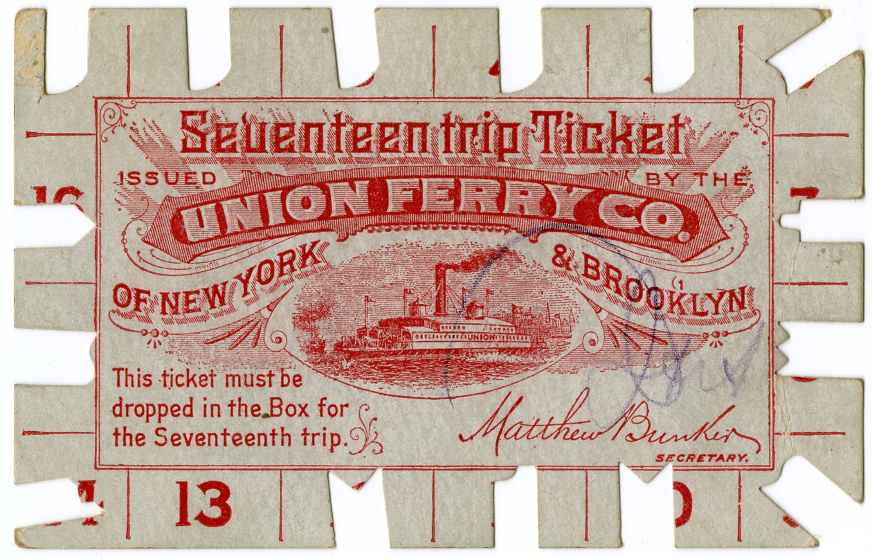 Sytten turbillett, utstedt av Union Ferry Co. i New York og Brooklyn av American School