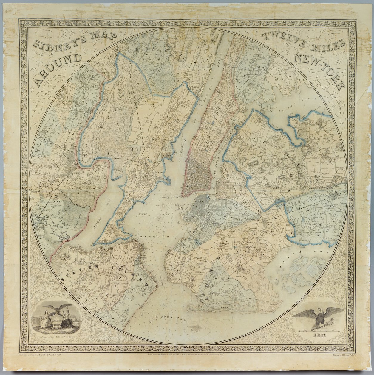 Sidneys Map Twelve Miles Around New York, litografi av Norman Friend (fl.1850-1871), trykt av John Henry Camp (1822-1881), 1849 (kromolitografi) av American School