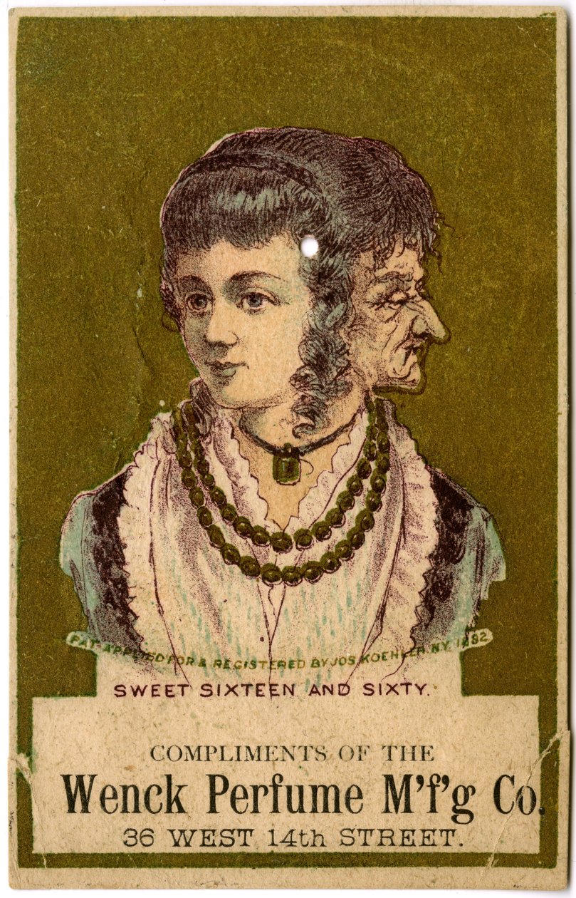 Sweet Sixteen and Sixty, Compliments of the Wenck Perfume Mfg Co., 36 West 14th Street., 1882 (farge litho [varekort] av American School