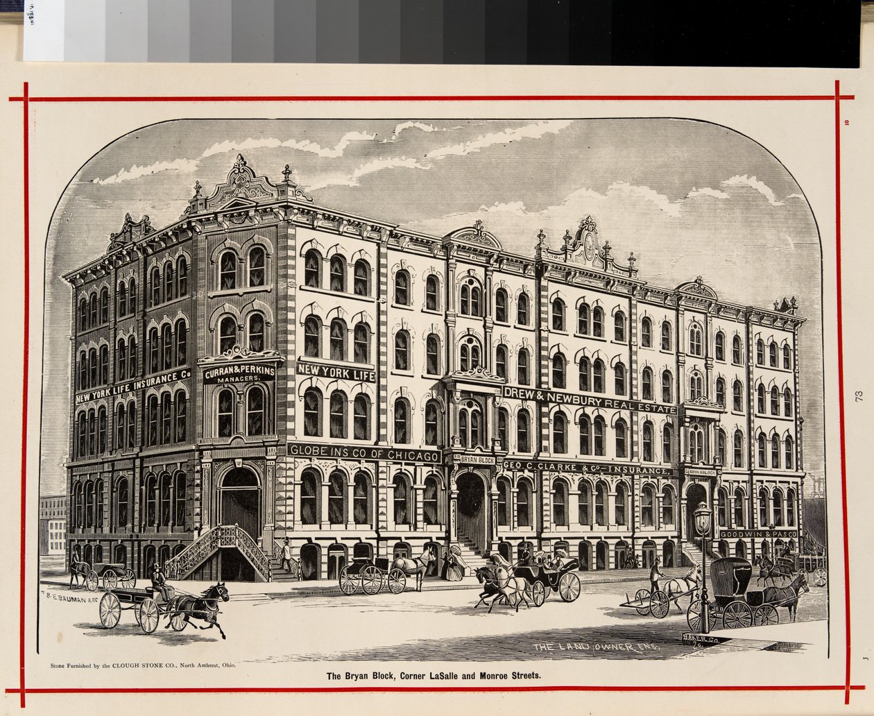 Bryan Block, hjørnet av LaSalle og Monroe Streets, Chicago, Illustrasjon i The Merchants and Manufacturers of Chicago Illustrated, 1873 av American School