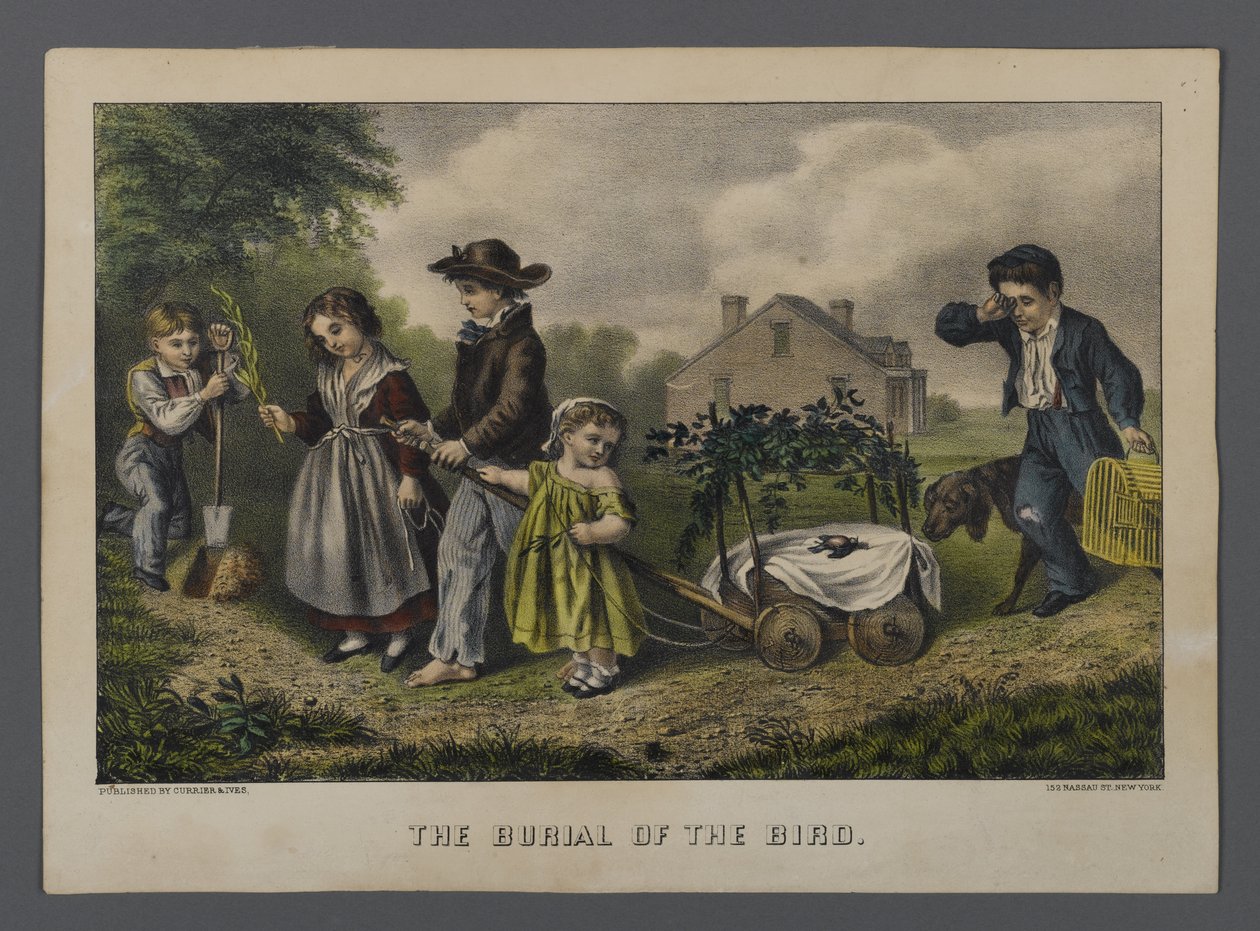 The Burial of the Bird, utgitt av Currier & Ives, New York (håndfarget lito) av American School