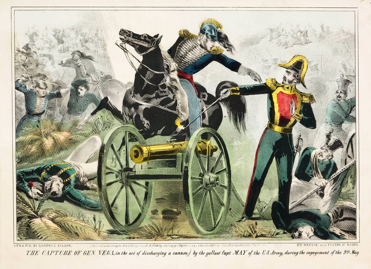 Capture of General Vega, i ferd med å avfyre en kanon, av den galante kaptein May i den amerikanske hæren, under engasjementet 9. mai, pub.1846 (håndfarget litho) av American School