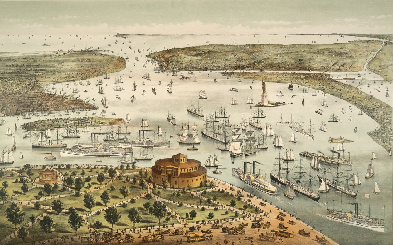 The Port of New York: Birds Eye View from the Battery, ser sørover, pub. 1892 av American School
