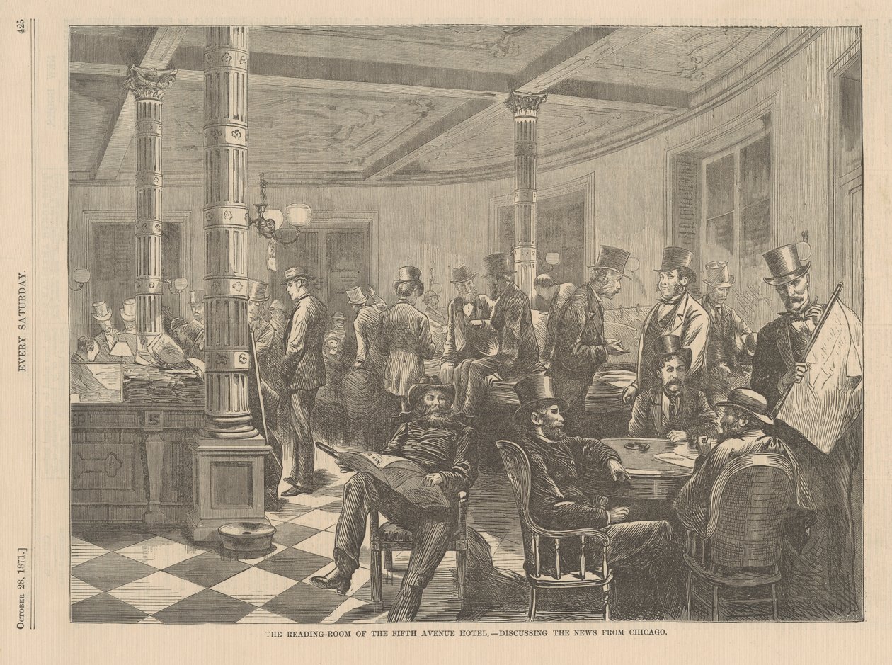 Lesesalen på Fifth Avenue Hotel i New York - Diskuterer nyhetene fra Chicago, illustrasjon fra hver lørdag, 1871 av American School