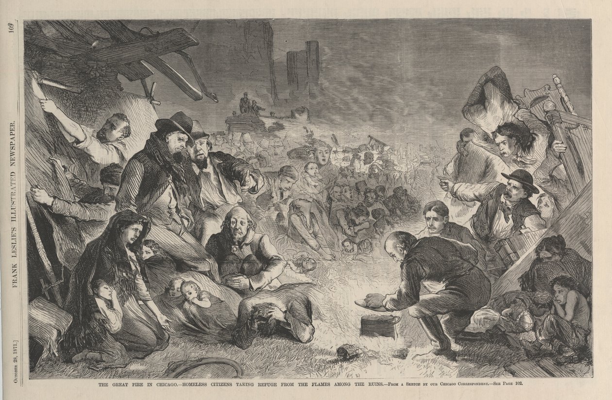 Den store brannen i Chicago - hjemløse borgere som søker tilflukt fra flammene blant ruinene, illustrasjon fra Frank Leslies Illustrated Newspaper, 1871 av American School