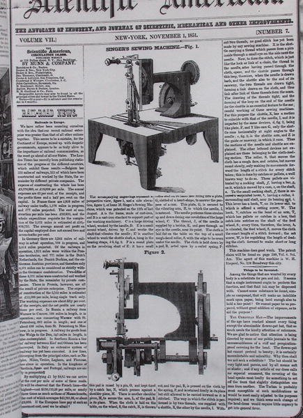 Den originale modellen av symaskinen av Isaac Merrit Singer (1811-75) fra The Scientific American, 1. november 1851 av American School