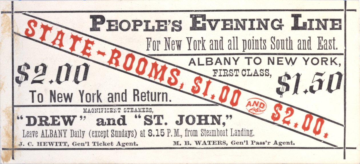Billett til Peoples Evening Line, Albany til New York, recto (gravering [billett]) av American School