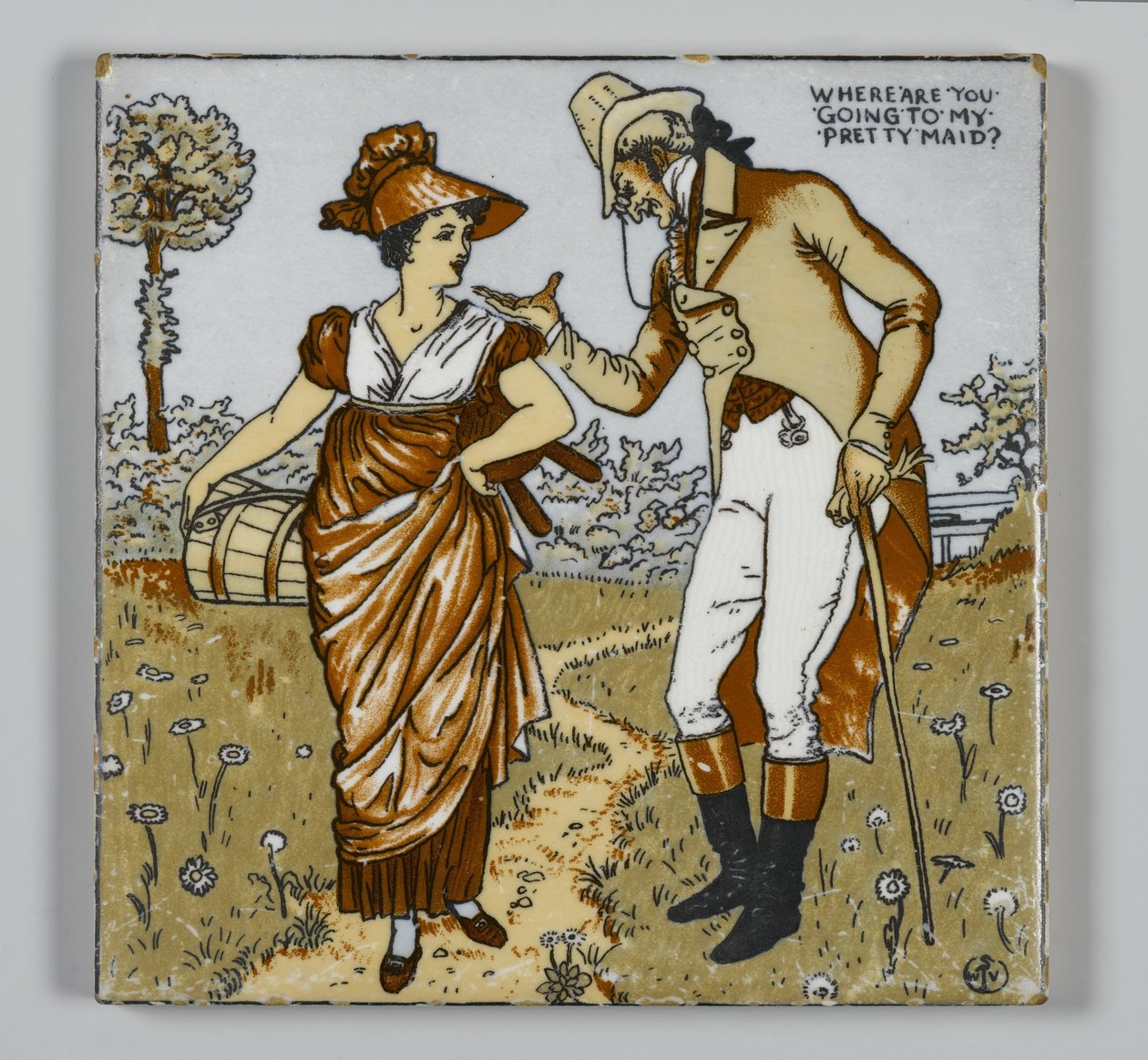 Fliser laget av Walter T. Crane Wheeling Pottery Company, Wheeling, West Virginia, ca. 1890 (overføringstrykt polykrom, glasert keramikk) av American School