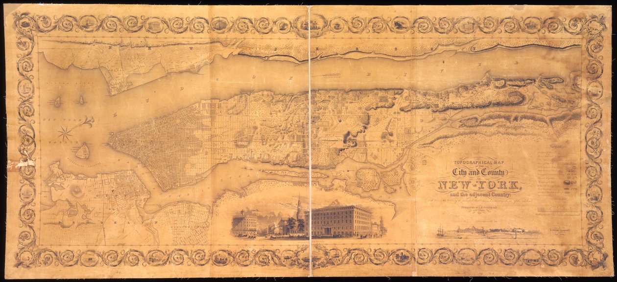 Topografisk kart over byen og fylket New-York, og det tilstøtende landet: med utsikt i grensen til de viktigste bygningene, og interessant landskap på øya gravert og trykt av S. av American School