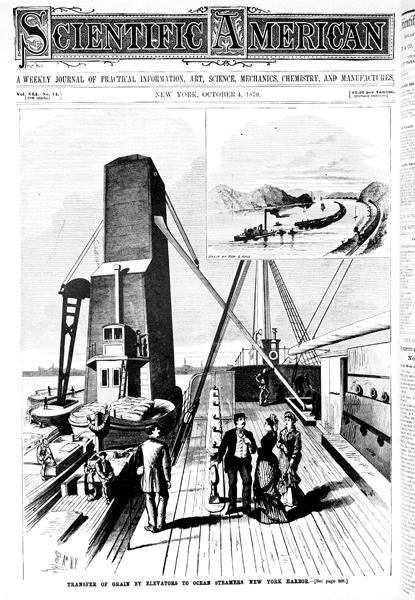 Overføring av korn med heiser til havdampere, New York Harbor-omslagsillustrasjon fra Scientific American, 4. oktober 1879 av American School