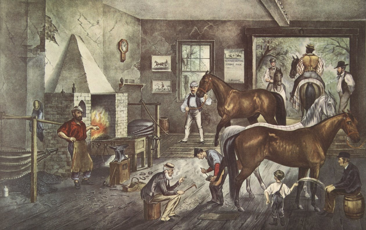 Trotting Cracks at the Forge, pub. 1869, Currier & Ives av American School