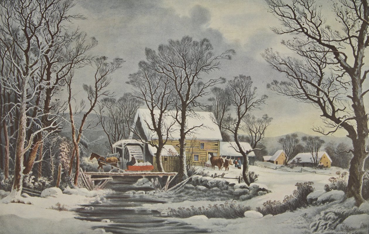 Winter In The Country - The Old Grist Mill, pub. 1864, Currier & Ives av American School