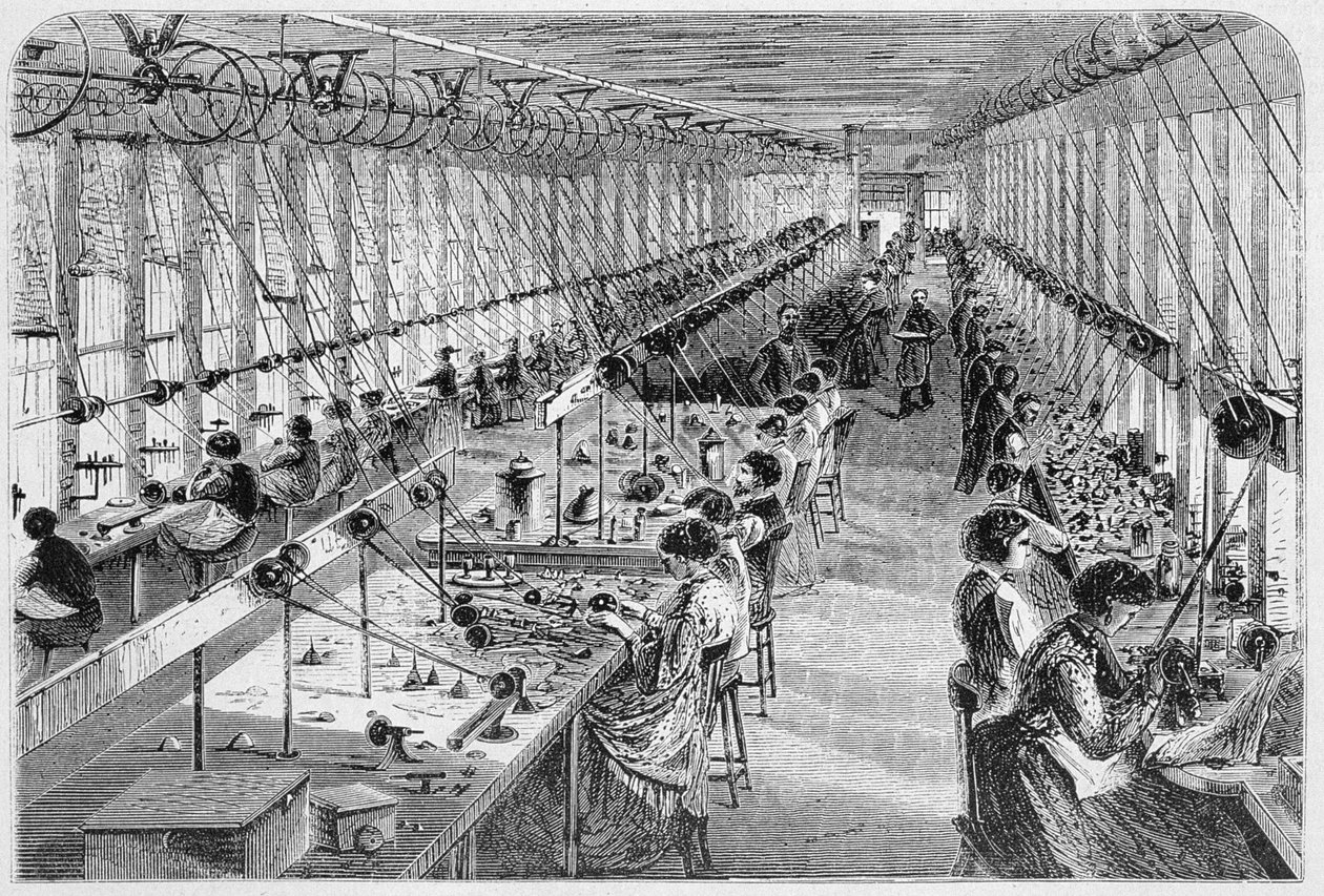 Kvinner i en klokkefabrikk i Waltham, Massachusetts, 1870 (se også 251300) av American School