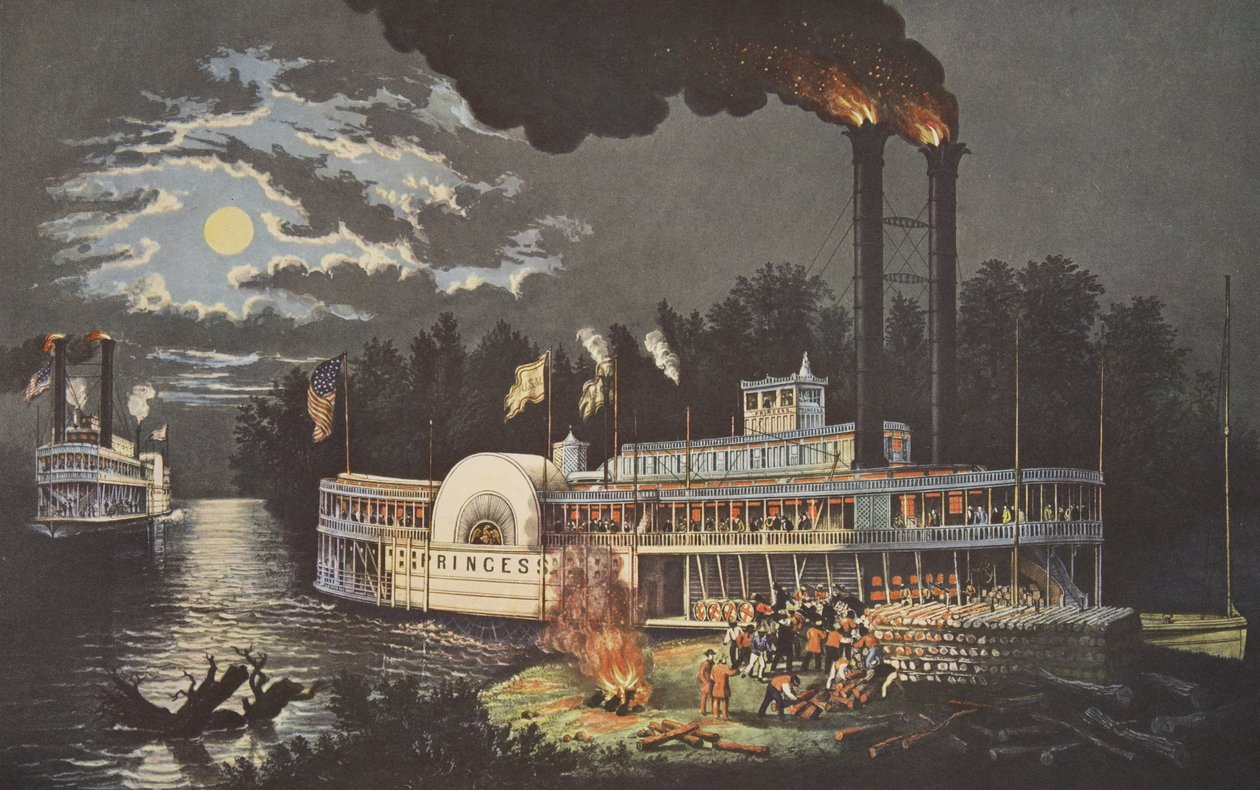 Wooding Up On The Mississippi, pub. 1863, Currier & Ives av American School