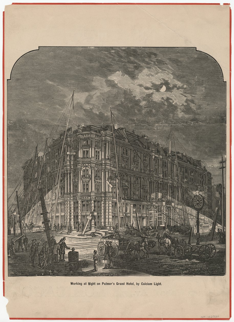 Working at Night på Palmers Grand Hotel av Calcium Light, illustrasjon fra The Land Owner, ca. 1872 av American School