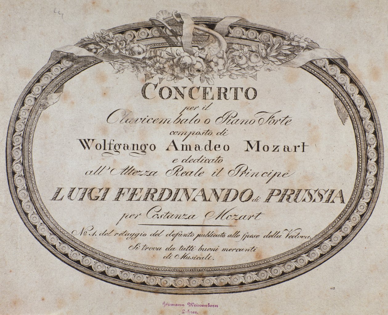 Frontispice av musikalsk partitur av konsert for piano og cembalo av den østerrikske komponisten Wolfgang Amadeus Mozart (1756-1791). av Austrian School