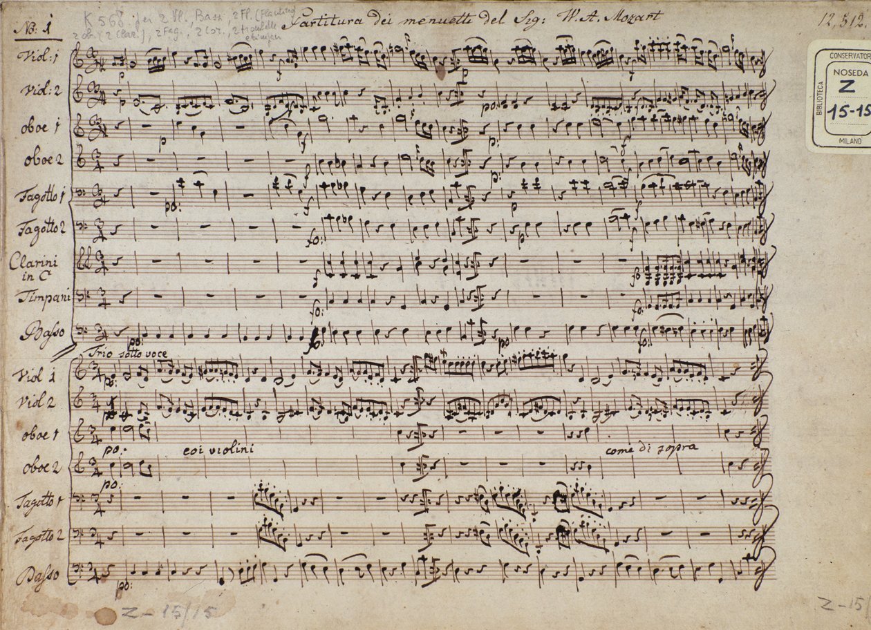 Side med musikalsk partitur av menuetter i 5 kadenser for piano, K 568 av den østerrikske komponisten Wolfgang Amadeus Mozart (1756-1791) av Austrian School