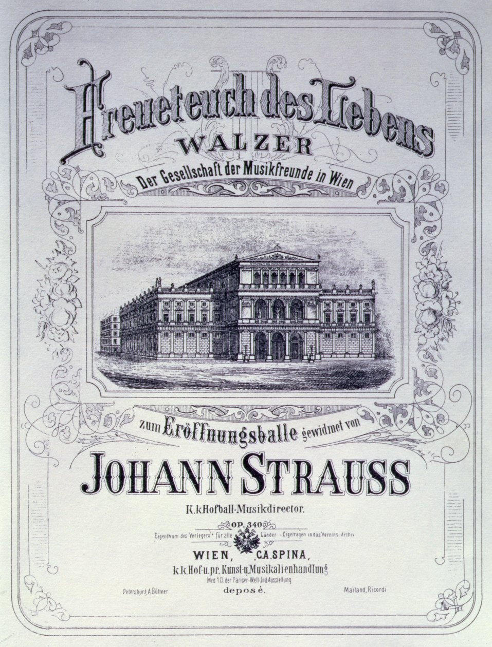 Plakat som reklamerer for Freueteuch des Lebens, en vals av Johann Strauss den yngre som skal introduseres på et innvielsesball, 1870 av Austrian School
