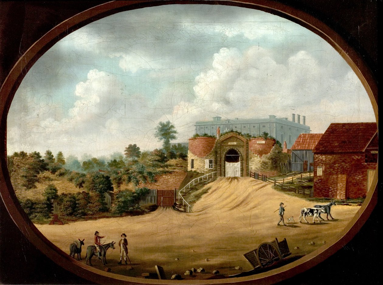 Utsikt over den gamle porten og slottet, Nottingham, ca. 1795 av British School