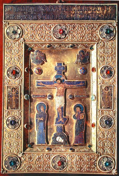 Plakett som viser korsfestelsen med jomfru Maria og døperen Johannes (gull, emalje og edelstener) av Byzantine