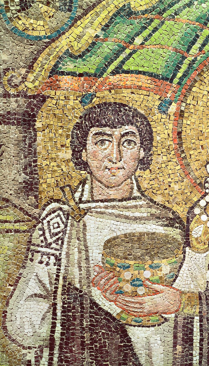 Keiserinne Theodora med hennes hoff av to ministre og syv kvinner, ca. 547 e.Kr. (mosaikk) (detalj av 220592) av Byzantine School