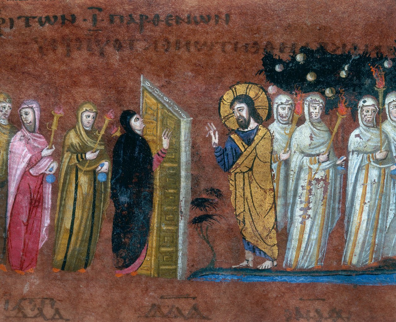 Lignelsen om de ti jomfruene, detalj fra miniatyren fra Codex Purpureus Rossanensis, greske evangelister i miniatyr sannsynligvis fra Antiokia i Syria eller fra Cesarea Palestina og oppbevart i Di av Byzantine School