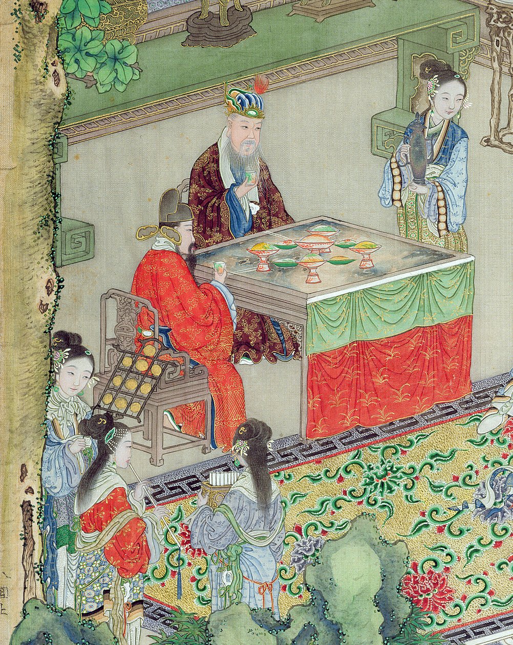 En kinesisk mandarin blir underholdt (farge på silke) (detalj av 176863) av Chinese School