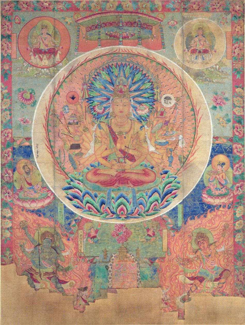 Ch.xxvviii.006 Mandalaen til Sahasrabhuja Avalokitesvara, Tunhuang (stoffmaling på silke) av Chinese School
