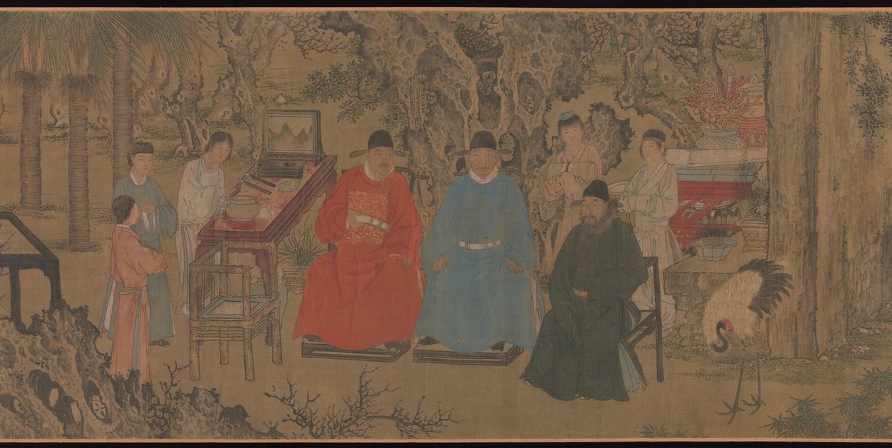 Elegant Gathering in the Apricot Garden, handscroll, ca. 1437 (blekk og farge på silke) av Chinese School