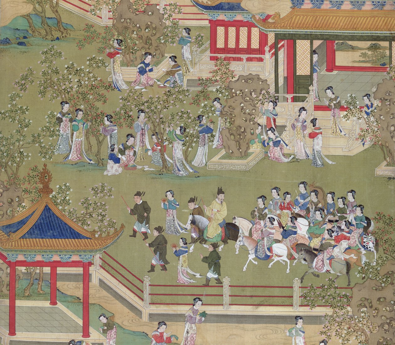 Keiser Yang Ti (581-618) spaserer i hagene sine med konene sine, fra en historie med kinesiske keisere (farge på silke) (detalj fra 39132) av Chinese School