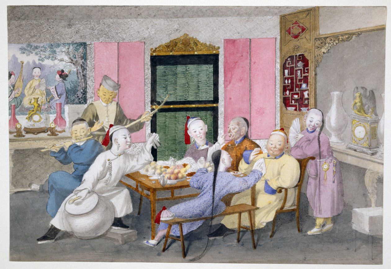 Mandarin blir underholdt av musikere ca. 1860 (wc på papir) av Chinese School