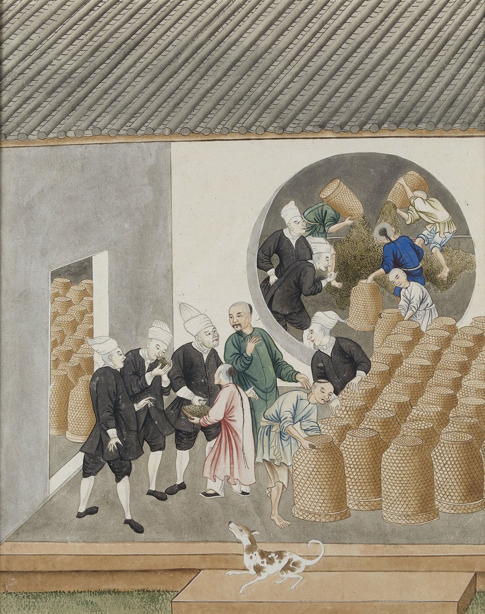 Turforbudte nederlandske VOC-kjøpmenn lukter te for kvalitet i et telager i Canton (Guangzhou), ca. 1770 av Chinese School