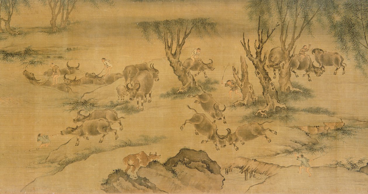 Vannbøfler og flokkgutter, kinesiske, 1368-1463 av Chinese School