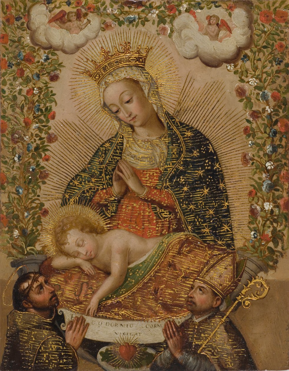 The Virgin Adoring the Christ Child with Two Saints, 1700-tallet (olje med gull på kobber) av Cuzco School