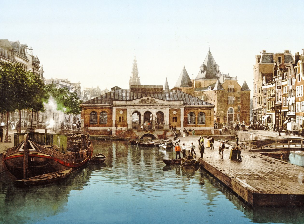 Fishmarket and Bourse, Amsterdam, Nederland, pub.c. 1900 (kromograf) av Dutch Photographer