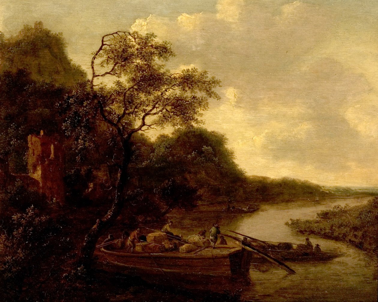 Elvescene med båt av Dutch School