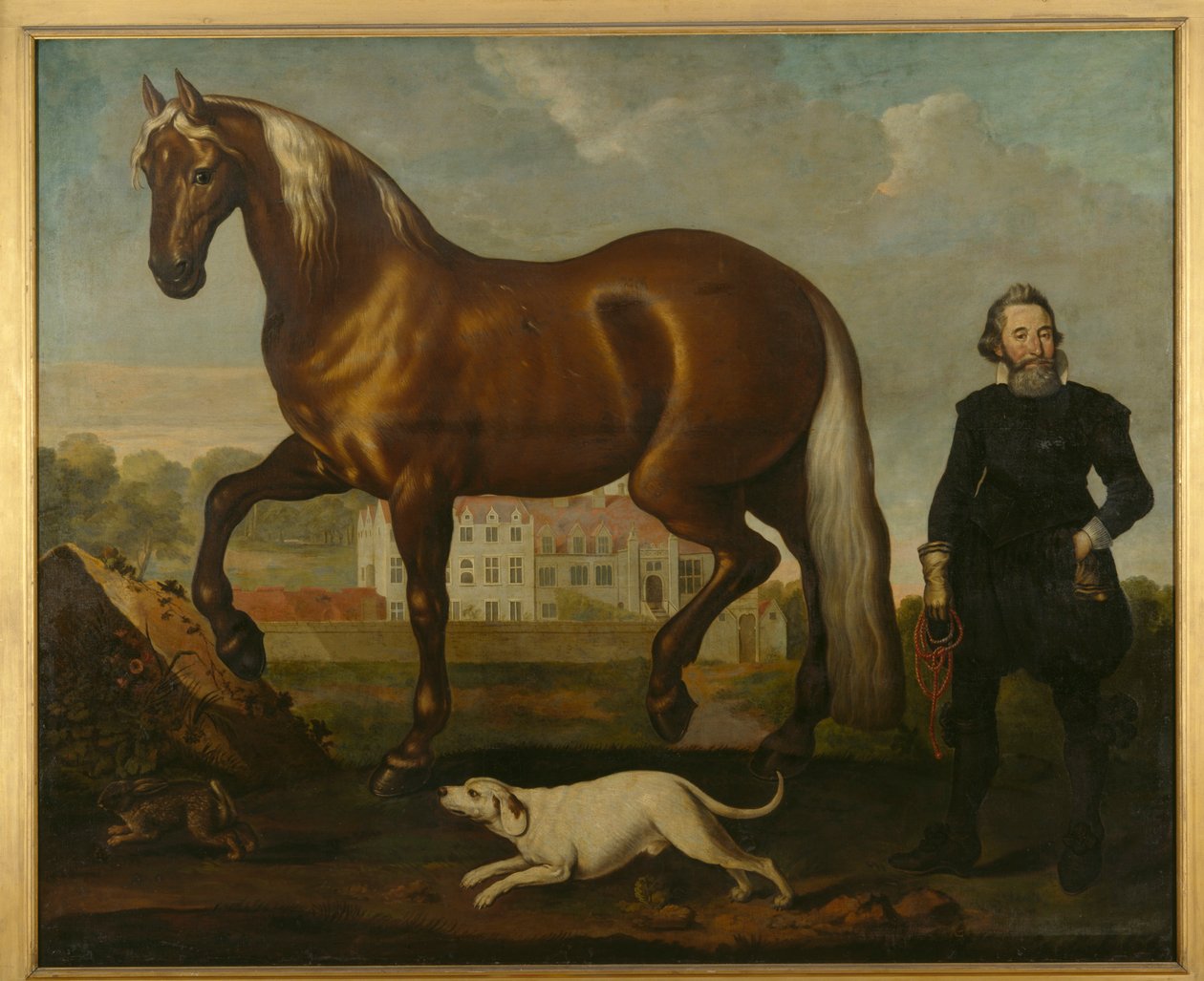 A Bay Horse med utsikt over Welbeck Abbey – West Front, ca. 1630 av English School