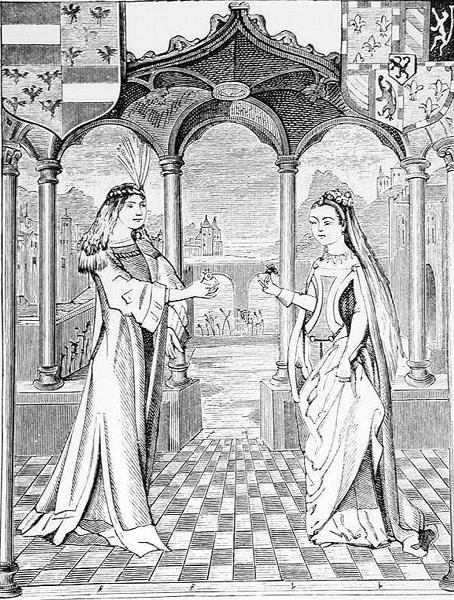 Et forlovelsesintervju, illustrasjon fra vitenskap og litteratur i middelalderen og renessansen, skrevet og gravert av Paul Lacroix, 1878 av English School