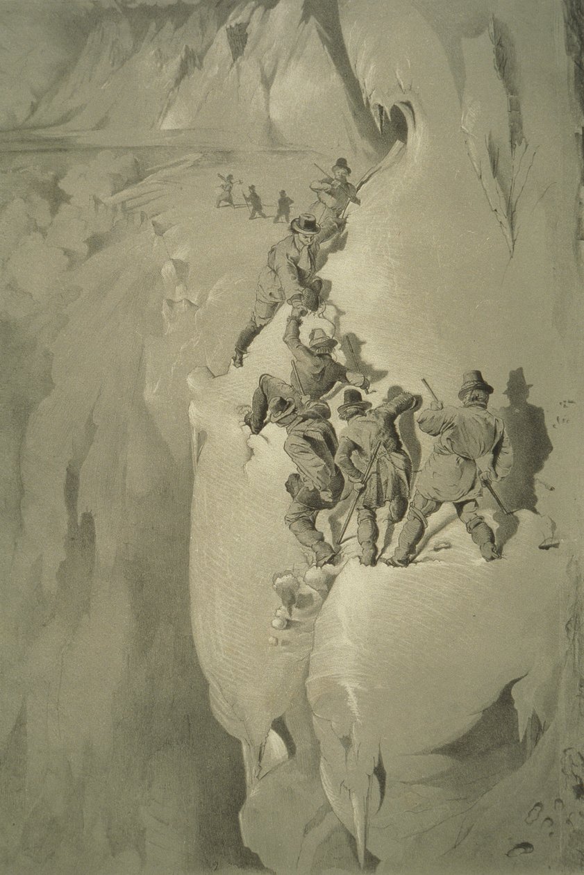 A Dangerous Corner, fra ti scener i den siste oppstigningen av Mont Blanc, inkludert fem utsikter fra toppen, av J.D.H. Browne, utgitt 1853 av English School