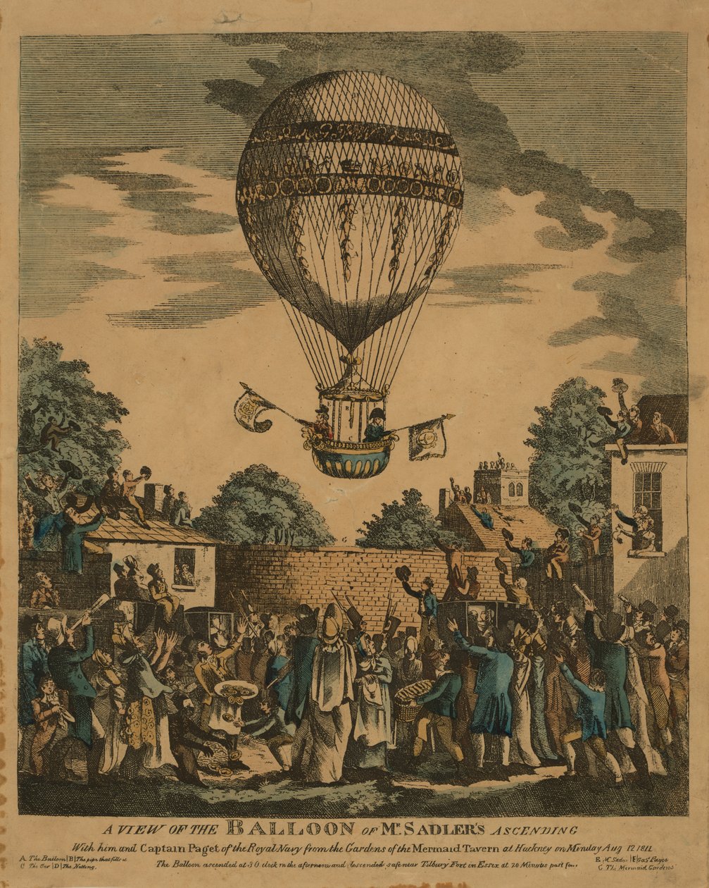 En utsikt over ballongen til Mr. Sadlers som stiger opp sammen med ham og kaptein Paget fra Royal Navy fra hagen til Mermaid Tavern i Hackney mandag 12. august 1811 av English School