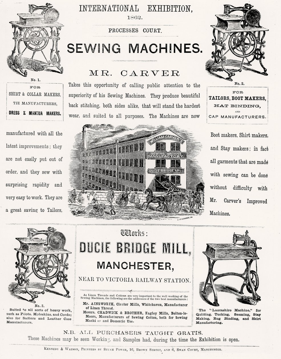 Annonse for den internasjonale utstillingen av Mr Carvers symaskiner, 1862 av English School
