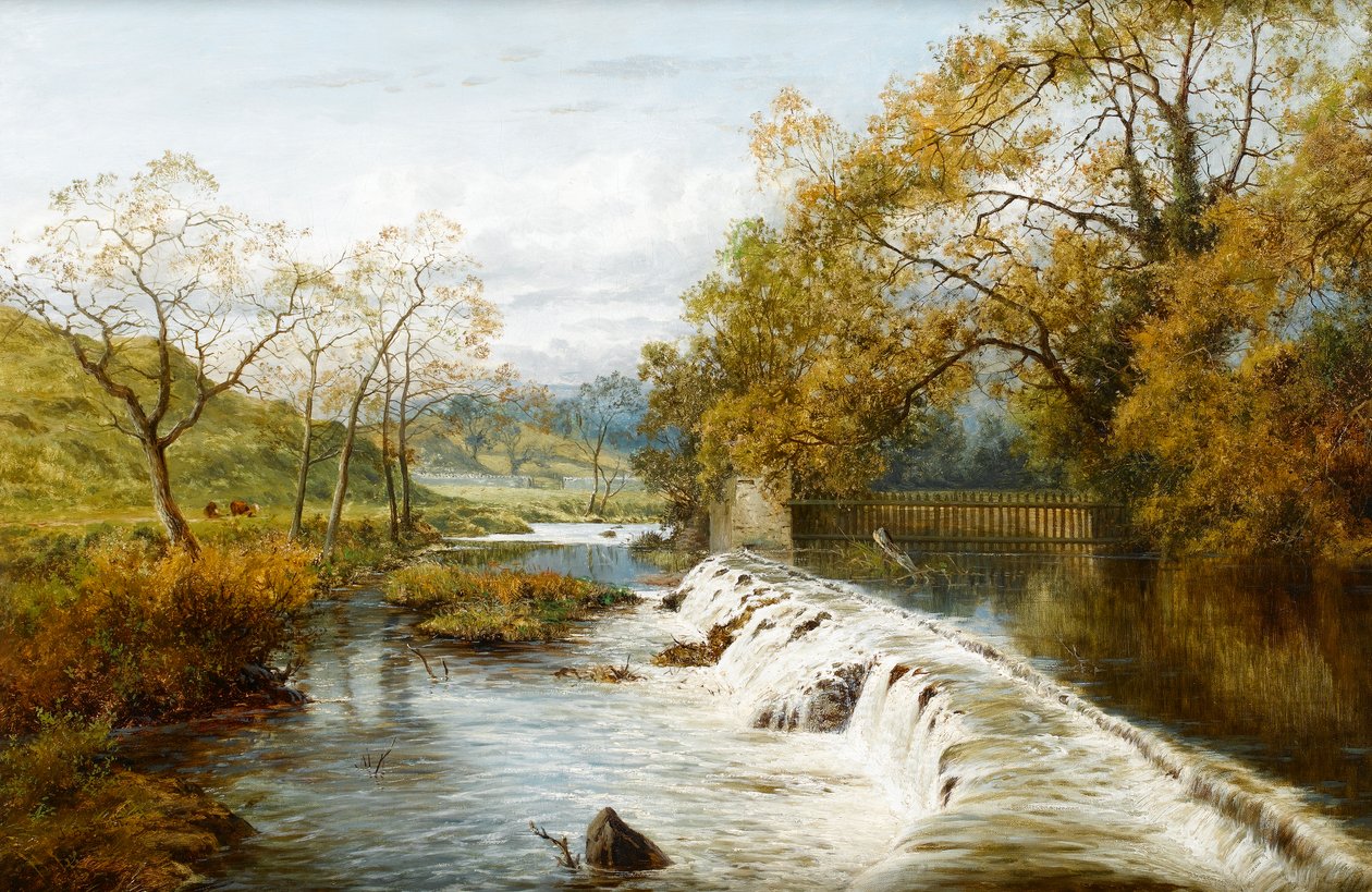 En overløpsvei ved en mølledam, ca. 1880 av English School