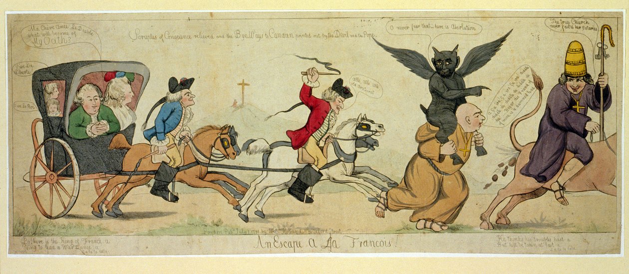 En flukt à la Francois, pub. London 1791 (håndfarget gravering) av English School