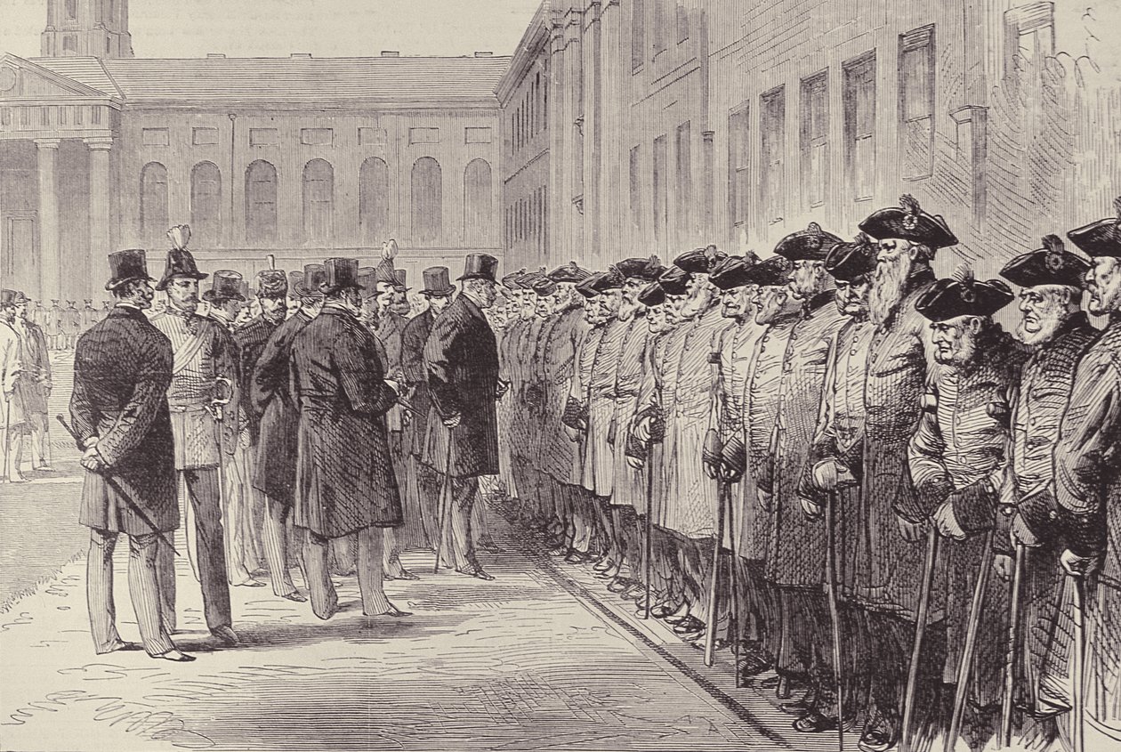Bicentenary of Chelsea Hospital: Duke of Cambridge Inspecting the Pensioners, fra The Illustrated London News, 25. februar 1882 av English School