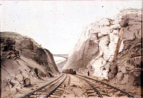 Blisworth, Northants, jernbanen som skjærer gjennom fjell ved Bilsworth - typisk for tidlig britisk jernbaneteknikk, utgitt av R. Ackermann, 1831 av English School