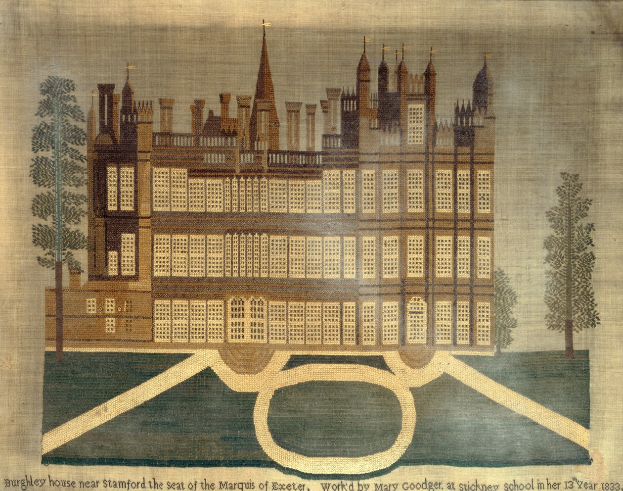 Burghley House nær Stamford, 1833 (korssting på lin) av English School